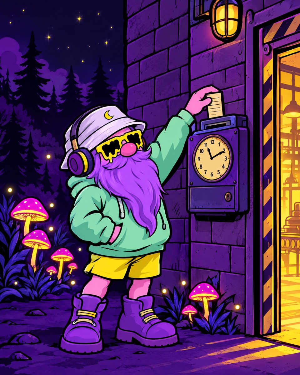 Bobbin the gnome, in his moon bucket hat, melting sunglasses and headphones, punching his time card at 11:11 outside the glowing factory door