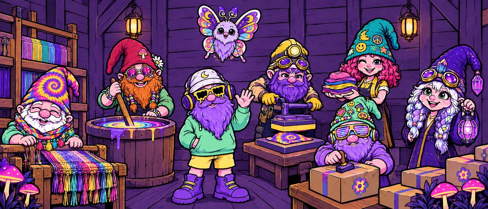 The whole night shift at work in the wooden factory: Tassel in his fringed scarf at the loom, Marigold stirring the dye vat, Bobbin waving in the middle with Glimmer the moth above him, Sprocket at the jersey press, Patch holding a stack of hats, Kandi stamping a box and Lumen holding her blacklight lantern