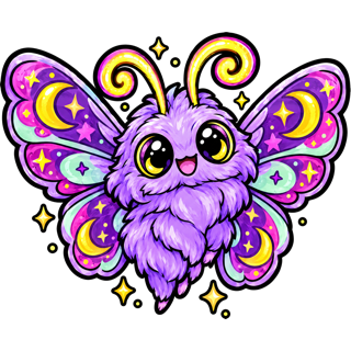 Glimmer, a fluffy glowing moth with crescent moons on its wings