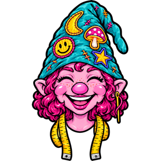 Patch, in a teal hat covered in embroidered patches, with curly magenta hair and a tape measure