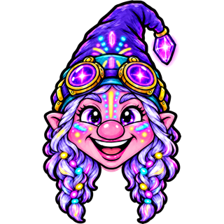 Lumen, in a violet hat with a glowing crystal tip, blacklight goggles and glowing face paint