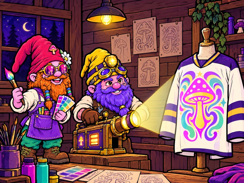 Marigold holding colour swatches while Sprocket projects a mushroom design onto a blank jersey